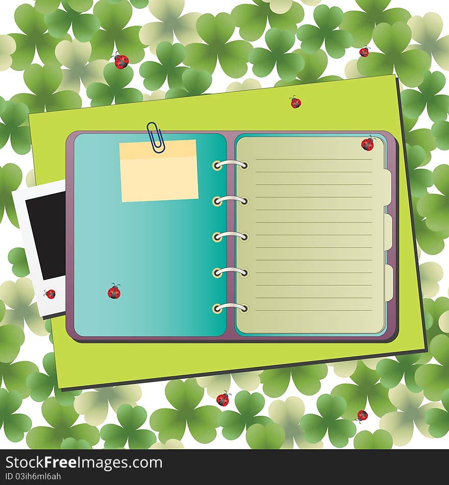 Blank notebook on background with ladybugs