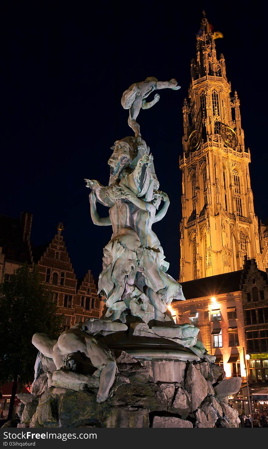 Brabo Fountain and Cathedral of Our Lady (1352-1521), Antwerp, Belgium