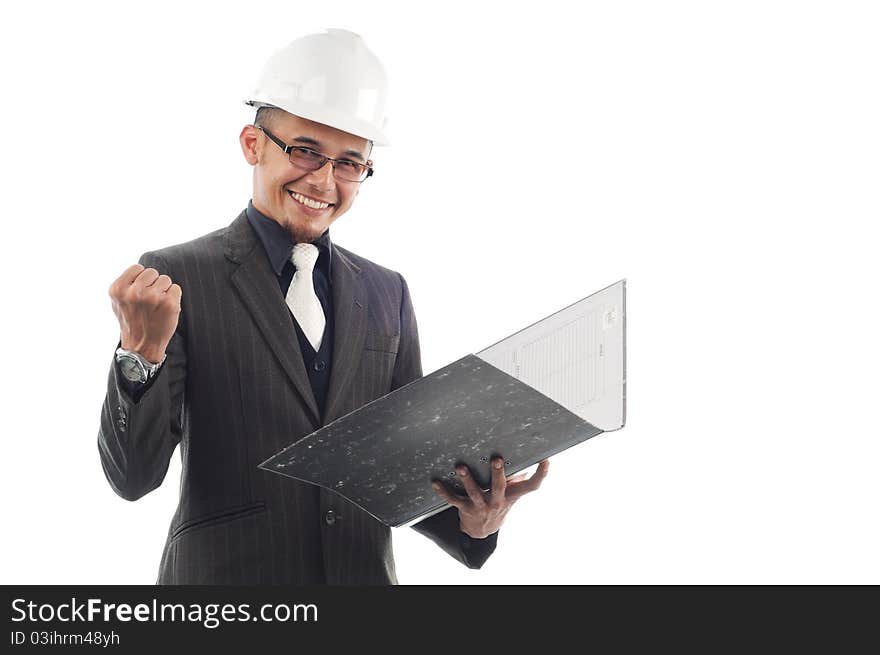 Engineer show sign of victory while reading his file