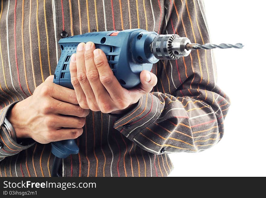 Hand hold electric powered drill isolated white background