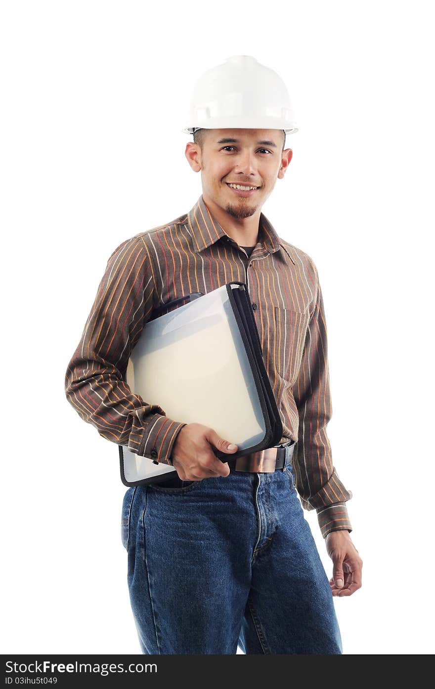 Happy worker smile while holding a file isolated white background