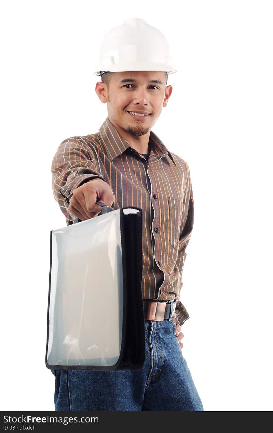 Happy workers pass the file isolated white background