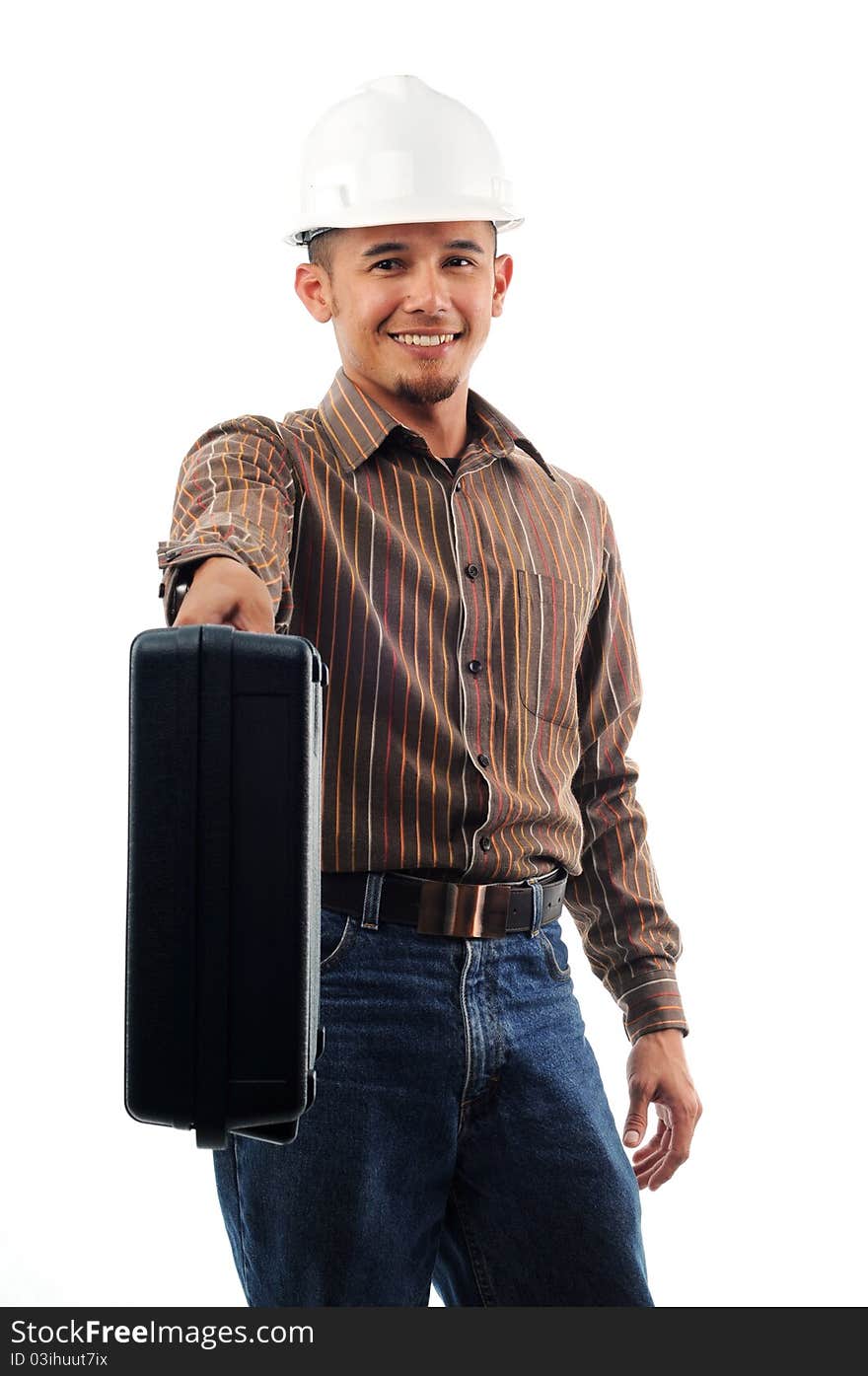 Happy workers pass the toolbox with smile isolated white background