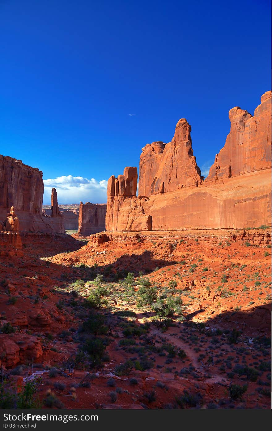 Park Avenue in late afternoon light at Arches National Park. Park Avenue in late afternoon light at Arches National Park