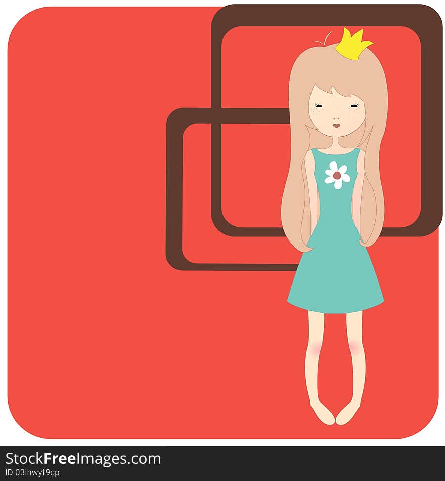 Vector Illustration of retro design greeting card with little girl and copy space for your text