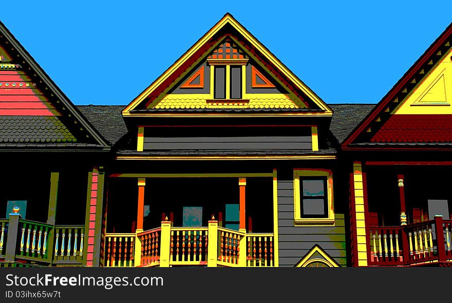 Colorful pop art victorian house tops