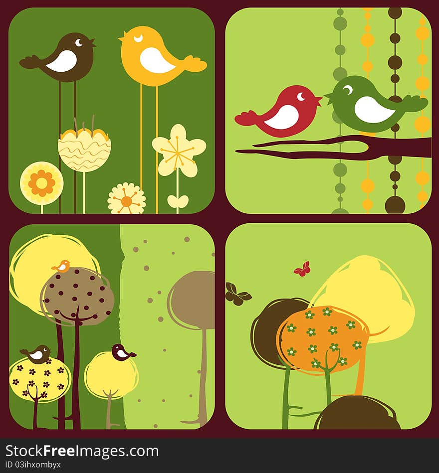 Vector Illustration of style design greeting cards with retro-style birds and trees