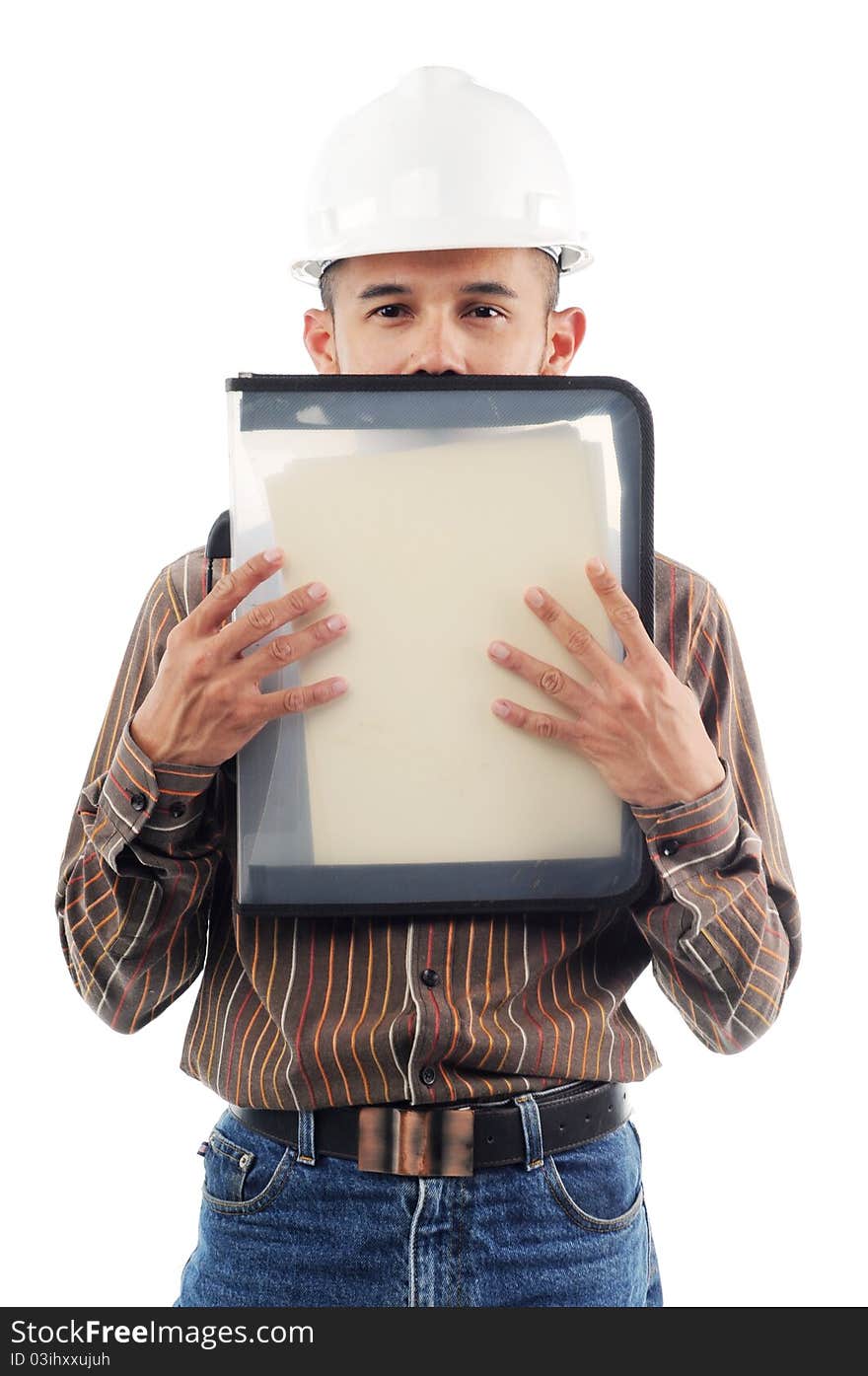 Workers hiding behind his performance file isolated white, background