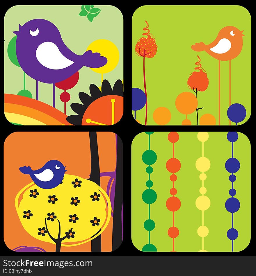 Vector Illustration of style design greeting cards with retro-style birds and trees