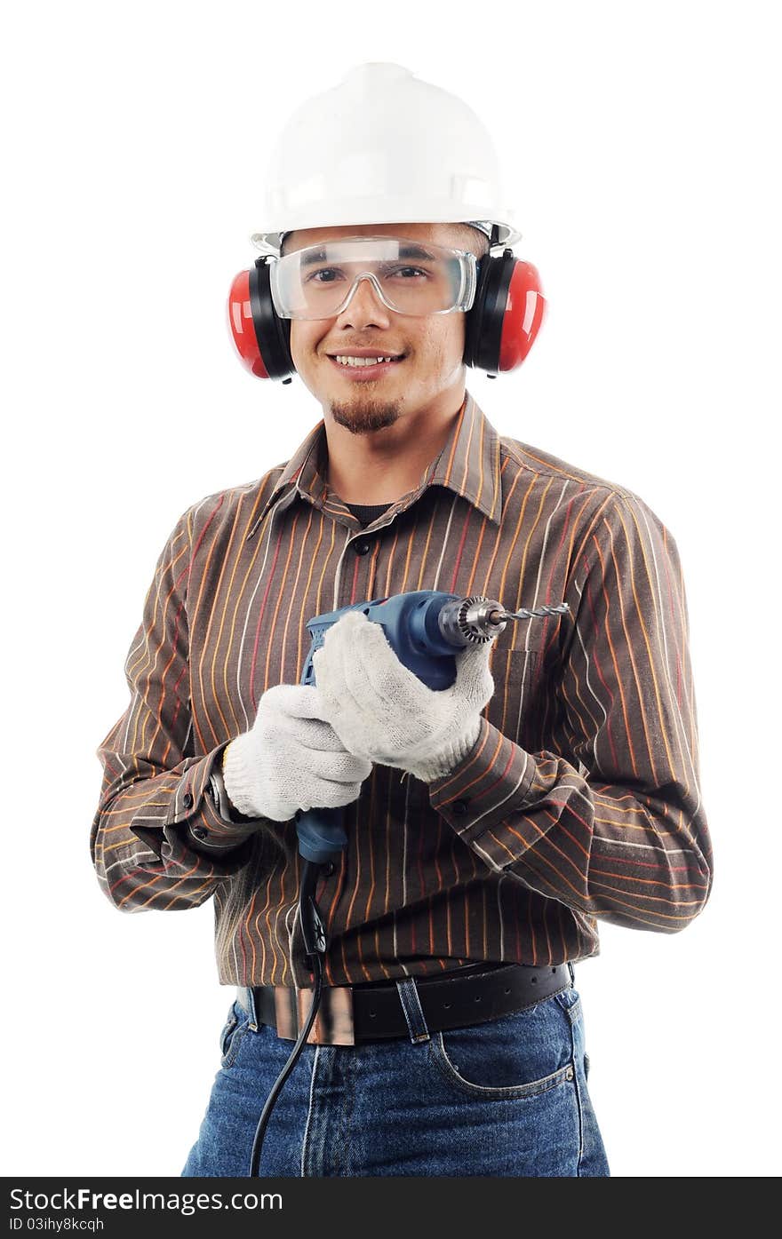 Workers smile while holding drill isolated white background