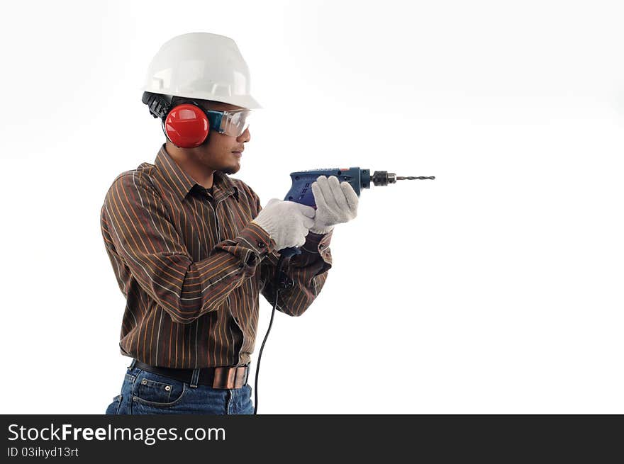 Workers holding drill with safety isolated white background