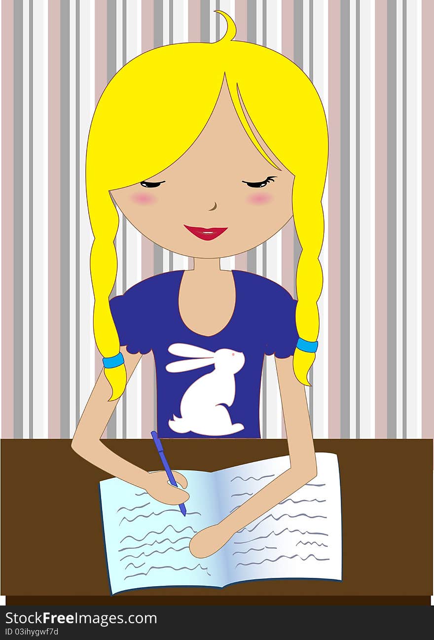 Vector Illustration of little girl sitting at a desk and writing