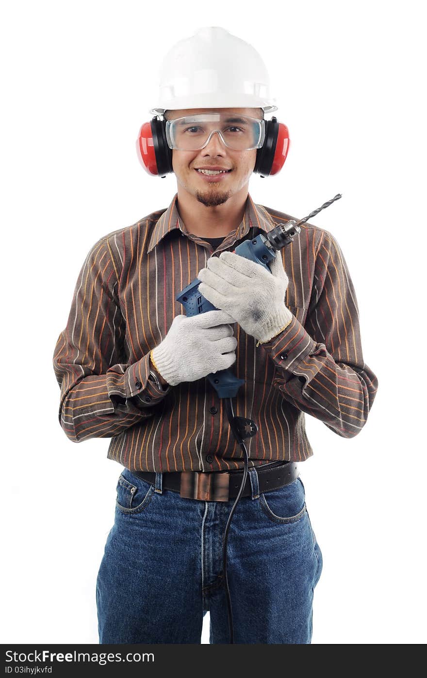 Workers smile while holding drill with both hands