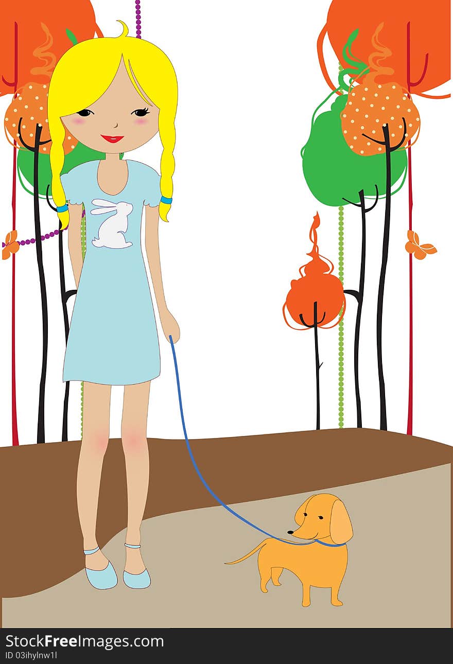 Vector illustration of little young girl walking with the dog