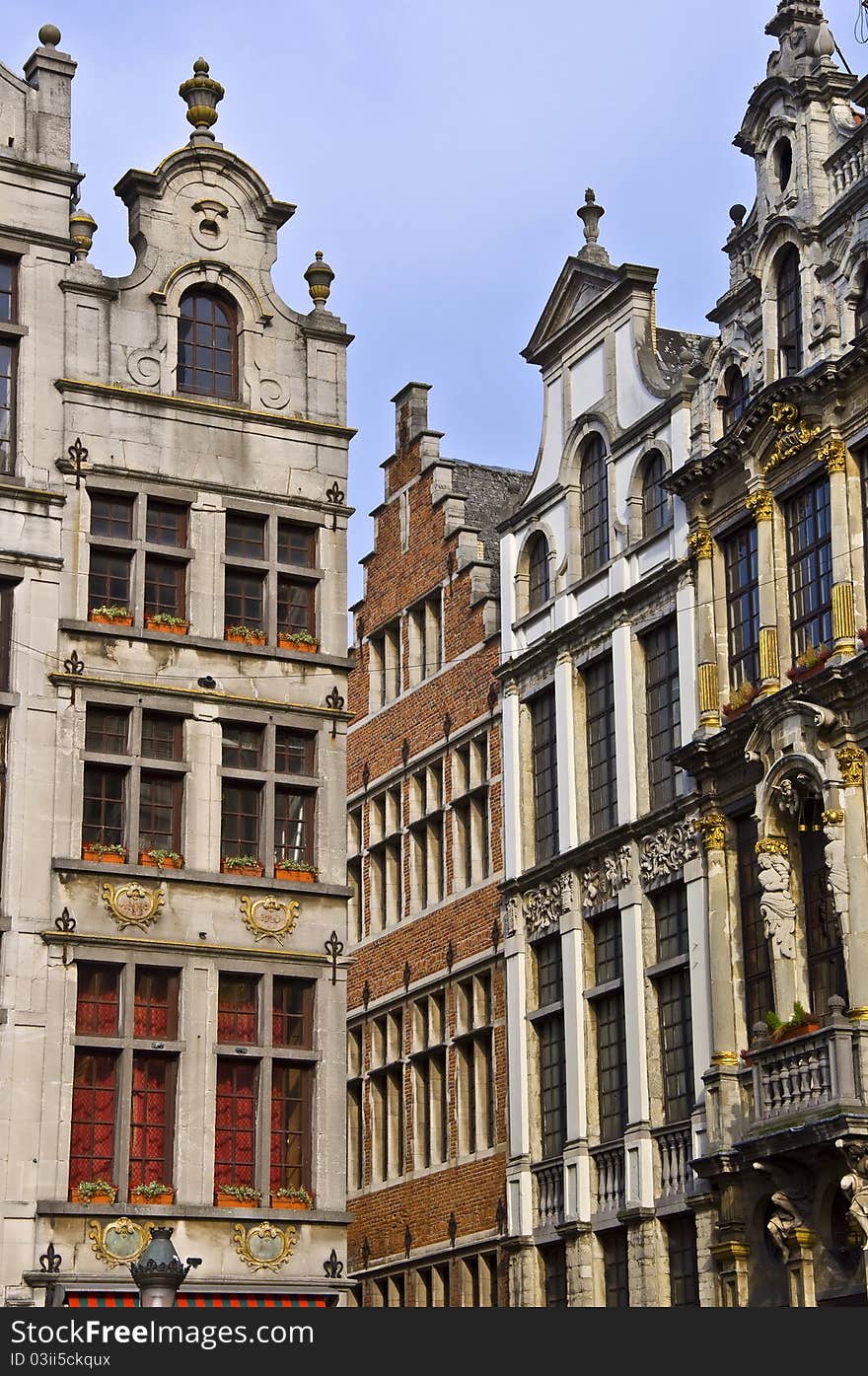 Architecture of Brussels. Ancient houses in the town square. Fragment. Spring, daylight.
