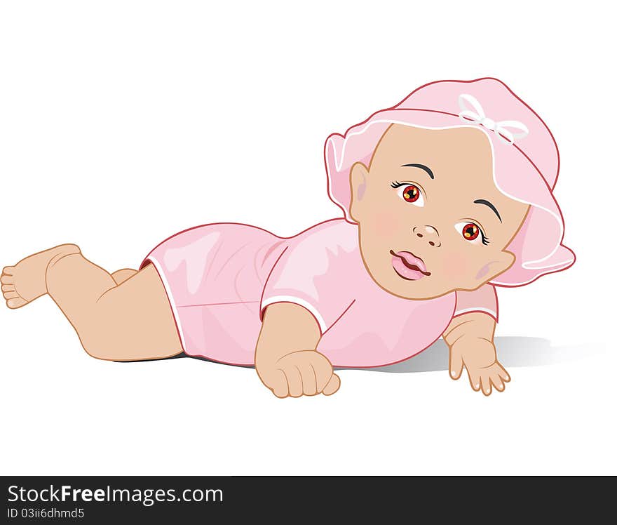 A baby girl lying on her stomach with a pink top on. Vector Illustration.