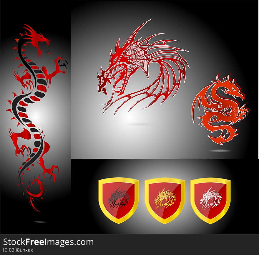 Emblems and dragons set red color isolated