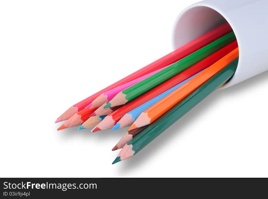 Stack of colored pencils isolated on white background