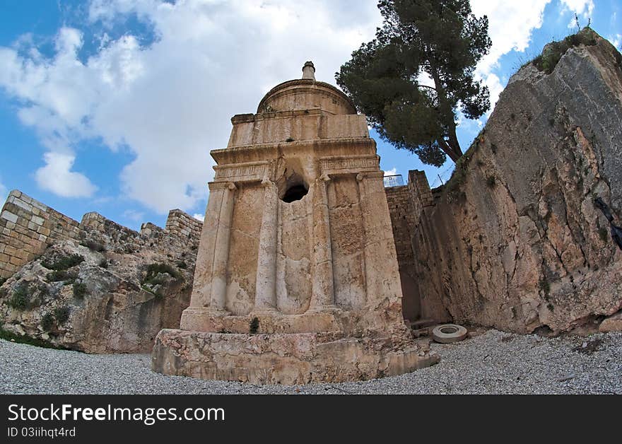 Fisheye view of the Tomb of Absalom in Jerusalem