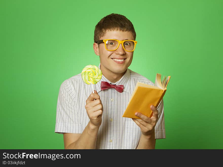 Young man bookworm reading