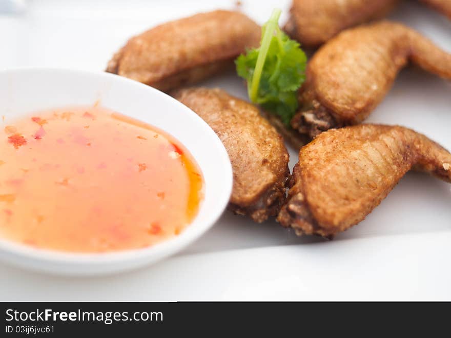 Fried chicen and thai Sauce, Close up shot.