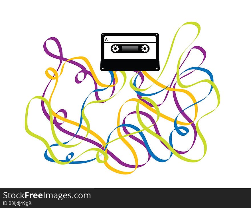 Old colorful audio cassette tape pulled out and tangled on white background. Old colorful audio cassette tape pulled out and tangled on white background.