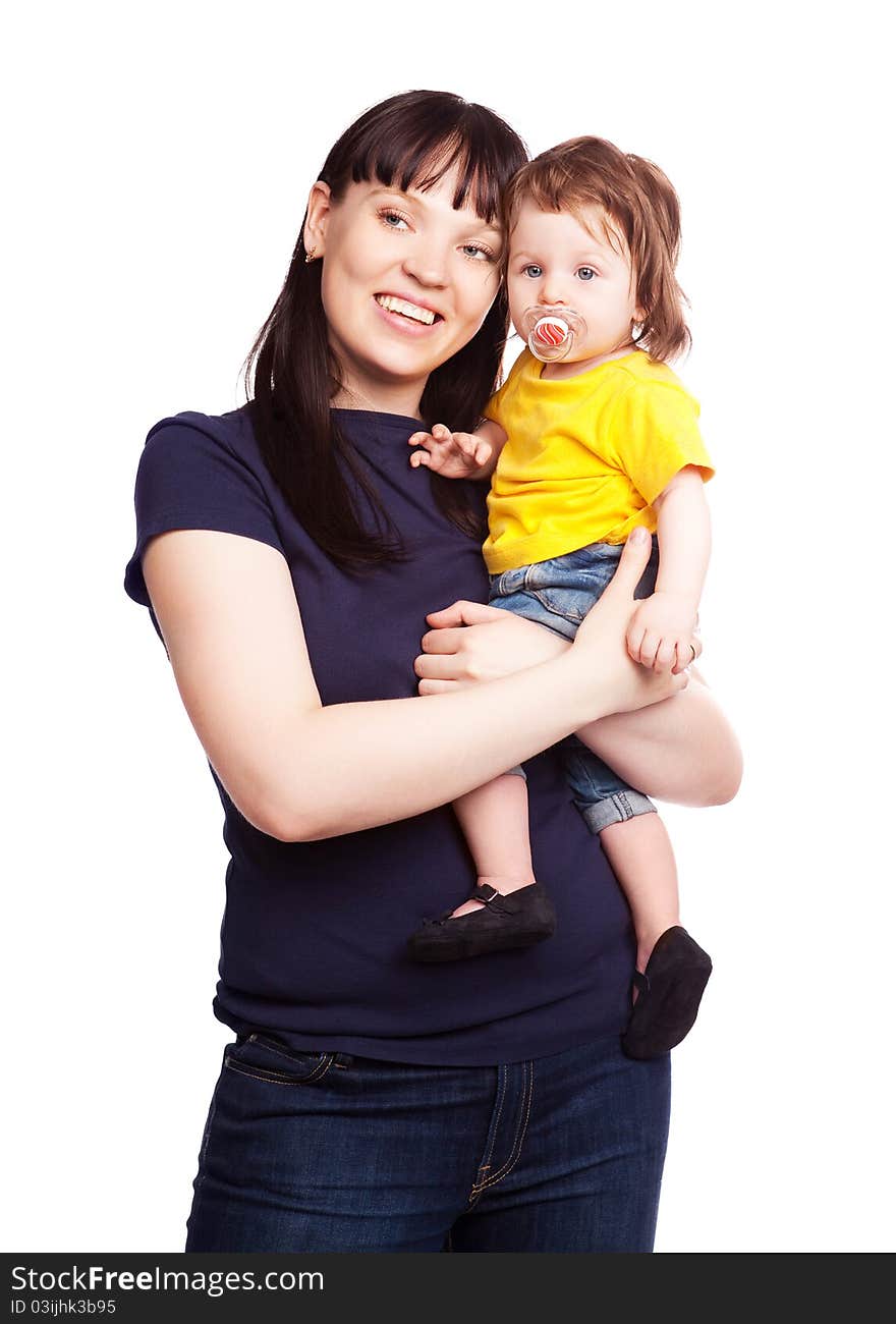 Happy family, young beautiful mother embracing her daughter, isolated against white background. Happy family, young beautiful mother embracing her daughter, isolated against white background