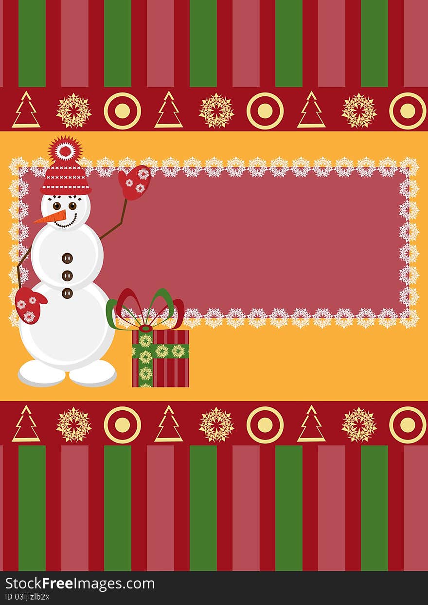 Christmas card with snowman with gift. Christmas card with snowman with gift