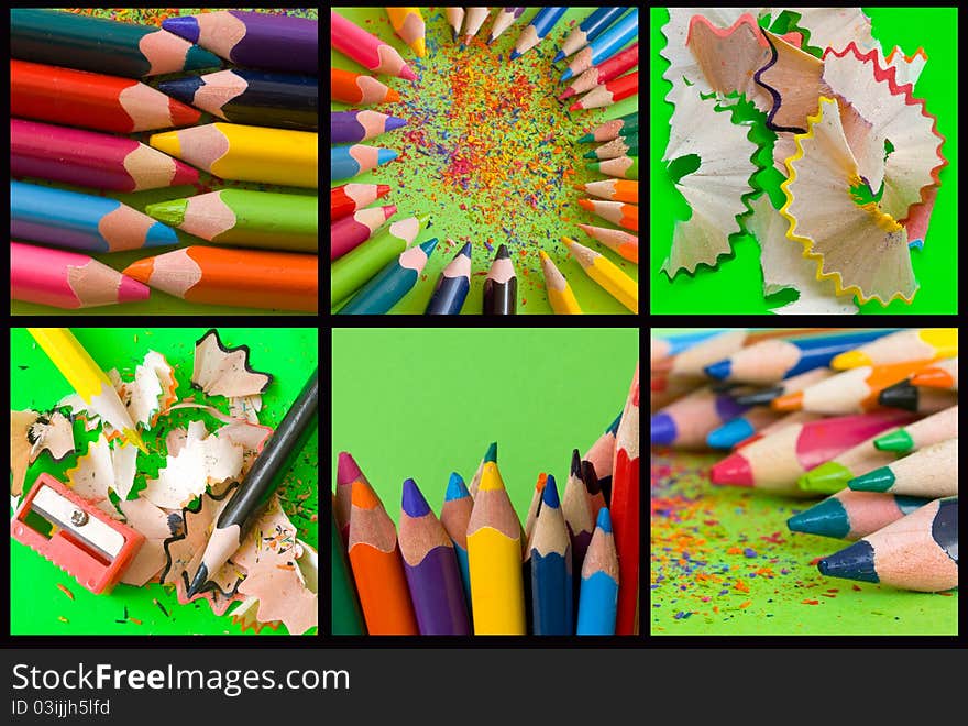 Colorful pencils on the green background. Colorful pencils on the green background