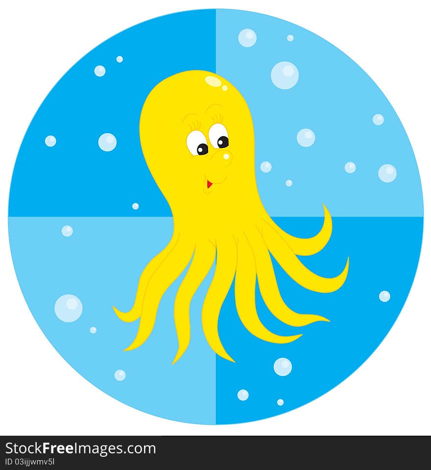 Vector clip-art illustration of a funny yellow octopus with bubbles