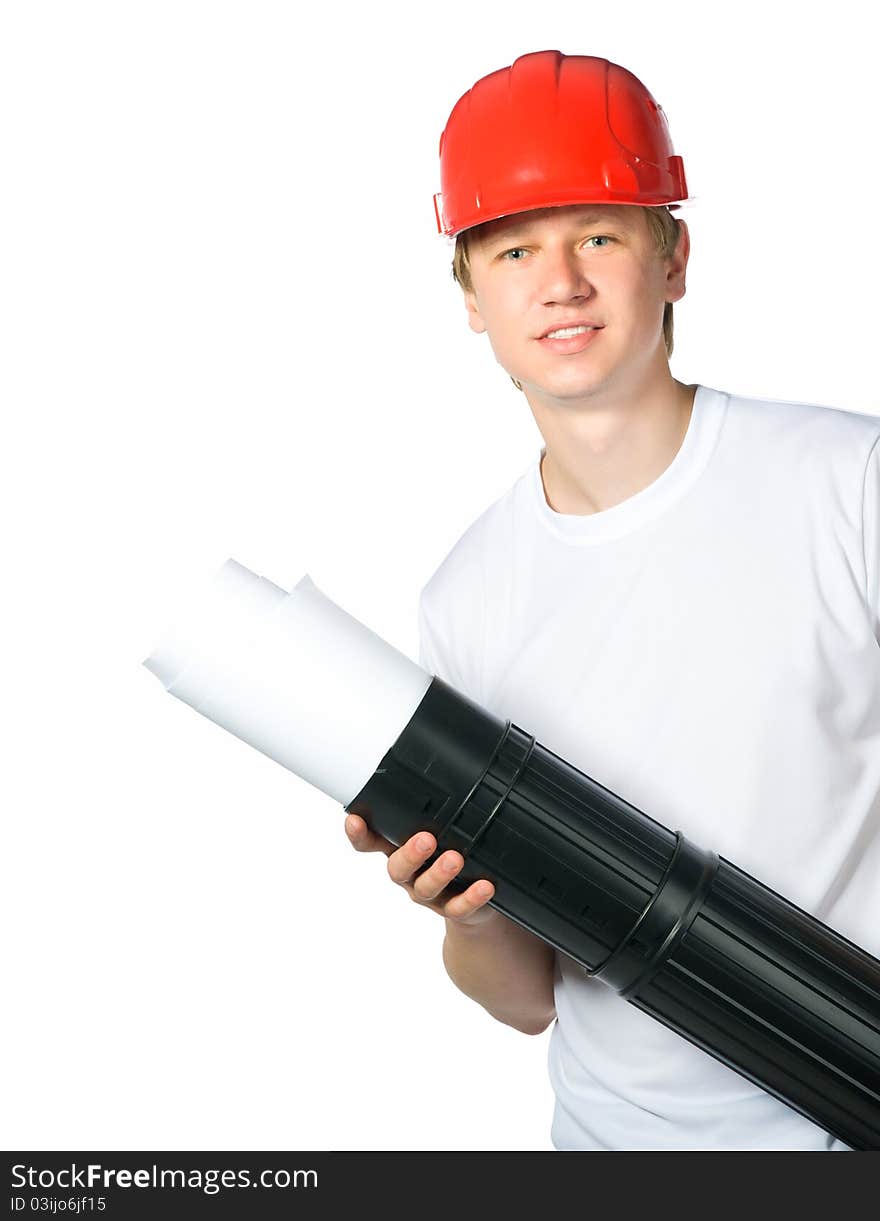 Portrait of a builder on a white background