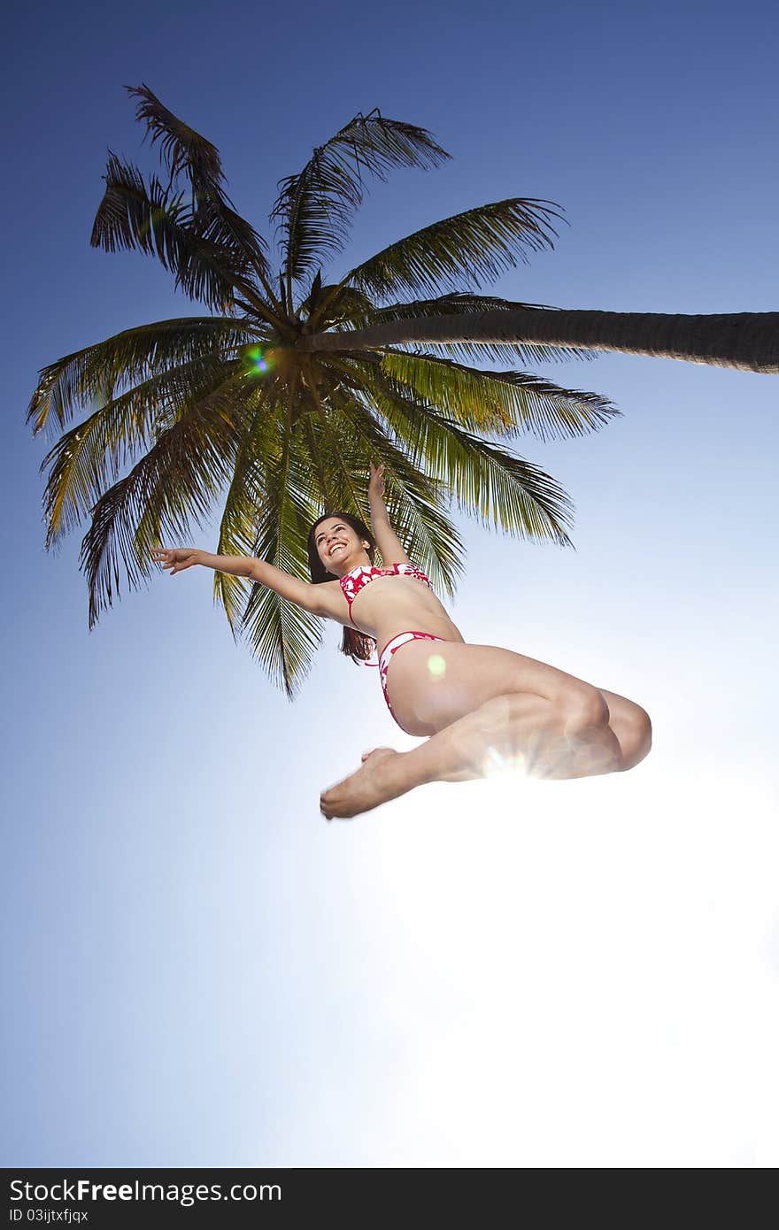 Beautiful young woman in bikini smiling and jumping under a palm tree. Beautiful young woman in bikini smiling and jumping under a palm tree