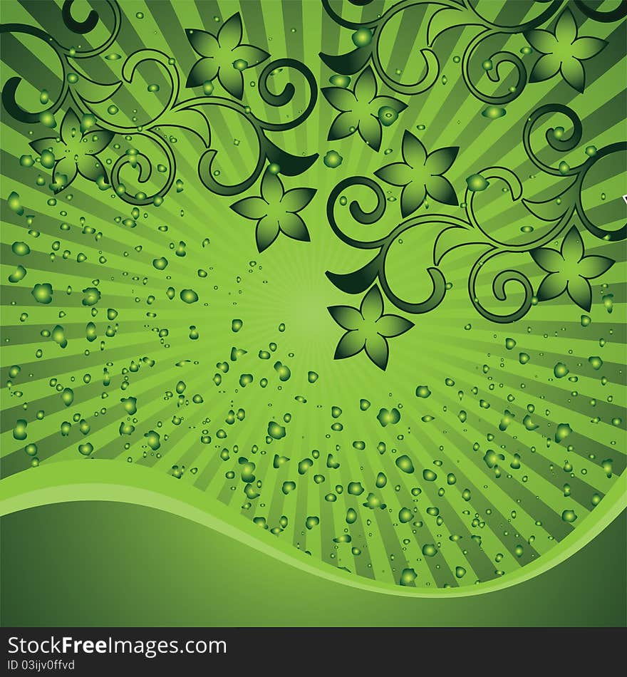 The green background with drops and flowers