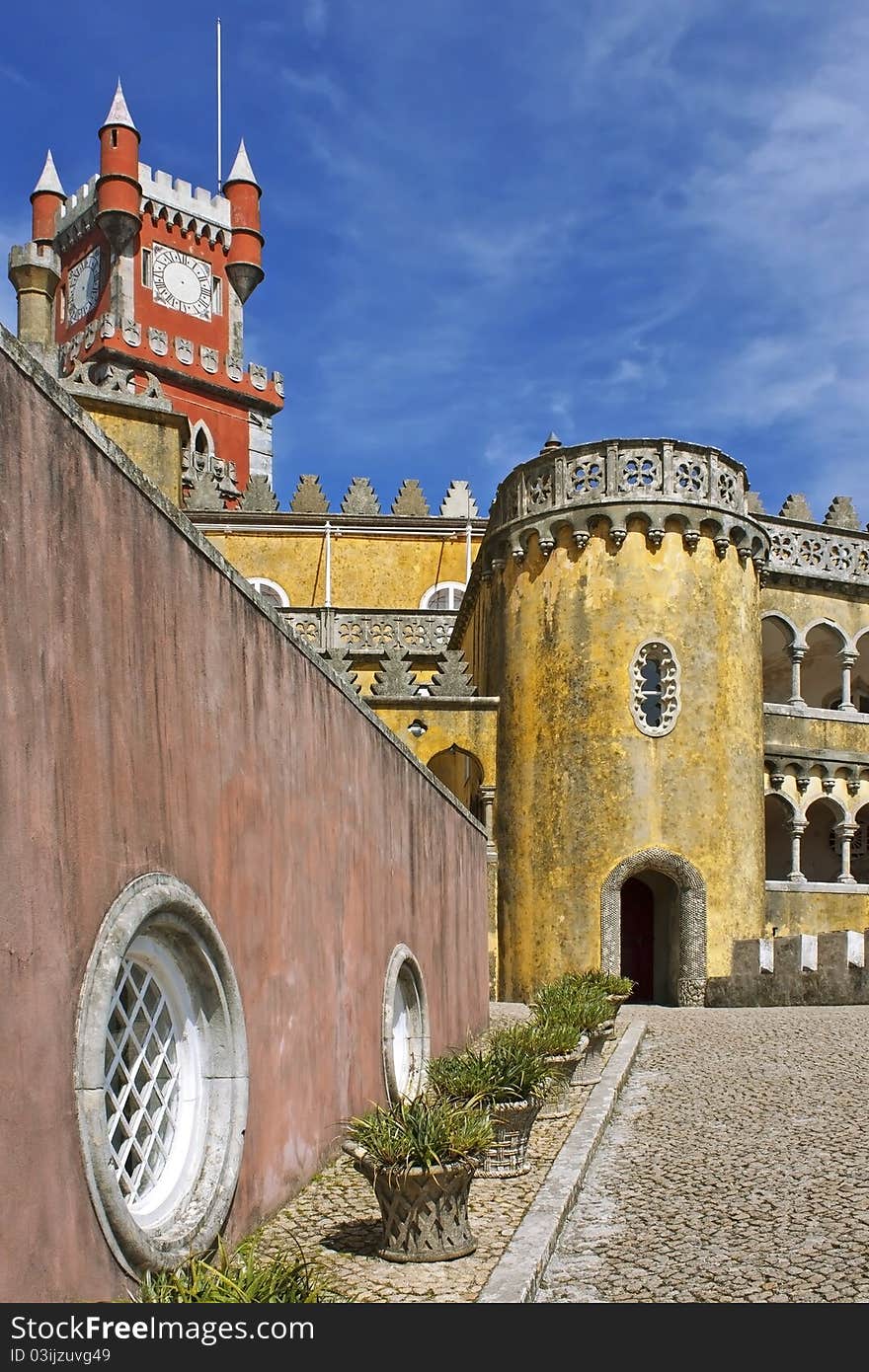 A view of the beautiful of Pena palace in the national park of the Sintra hills in Portugal. A view of the beautiful of Pena palace in the national park of the Sintra hills in Portugal