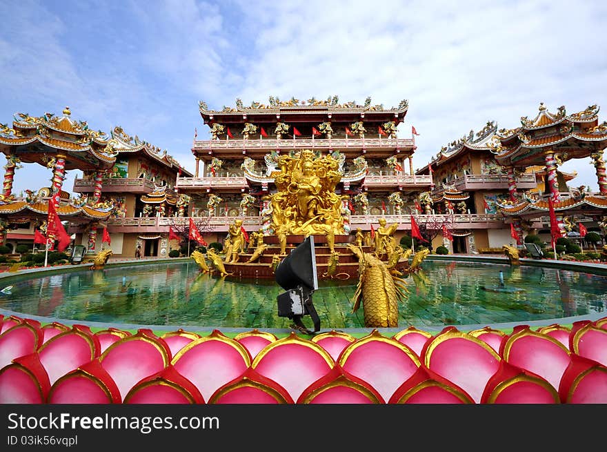 Part of beautyful Chinese shrine and the blue sky, Chonburi- East of Thailand..