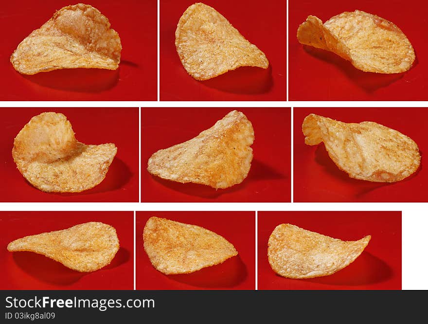 Slice of  potato chips islolated on red background