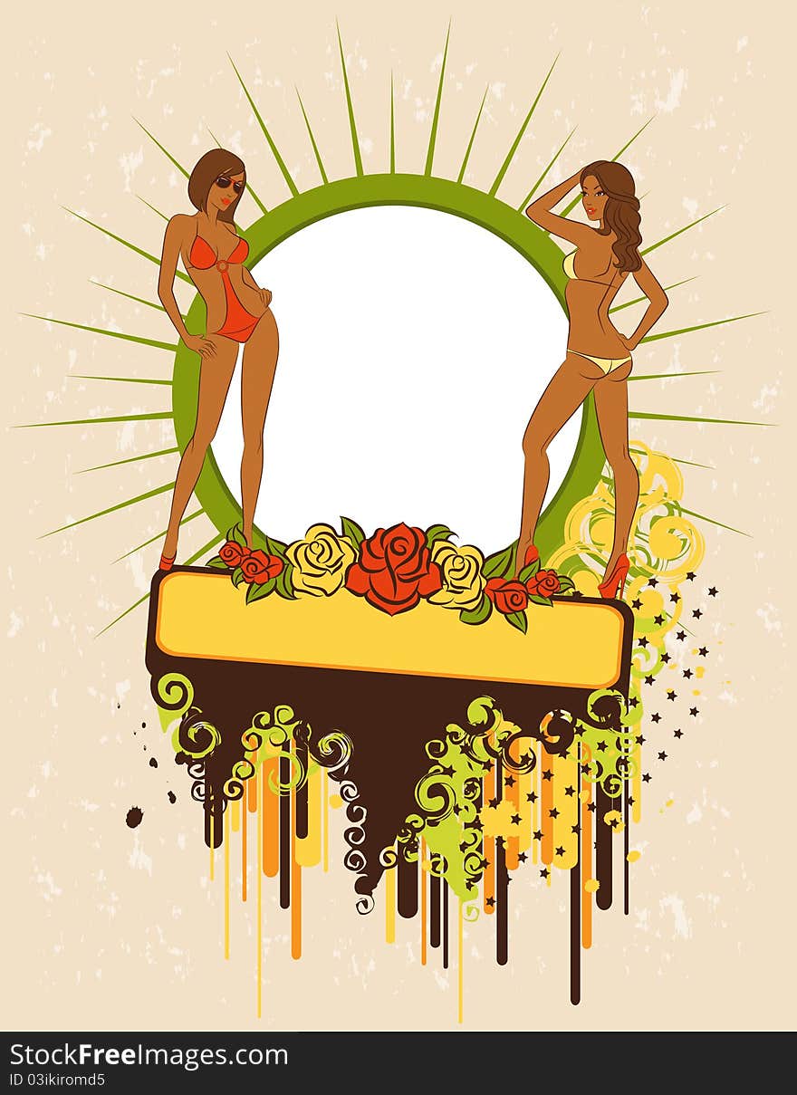 Beautiful girls with tropical flowers,illustration for a design