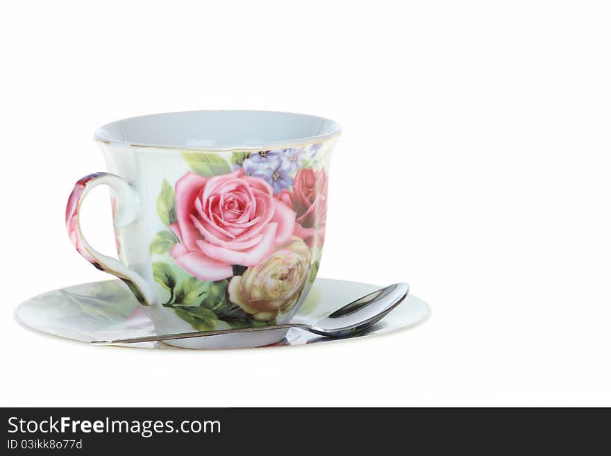 Coffee empty stripes cup is rose on white background