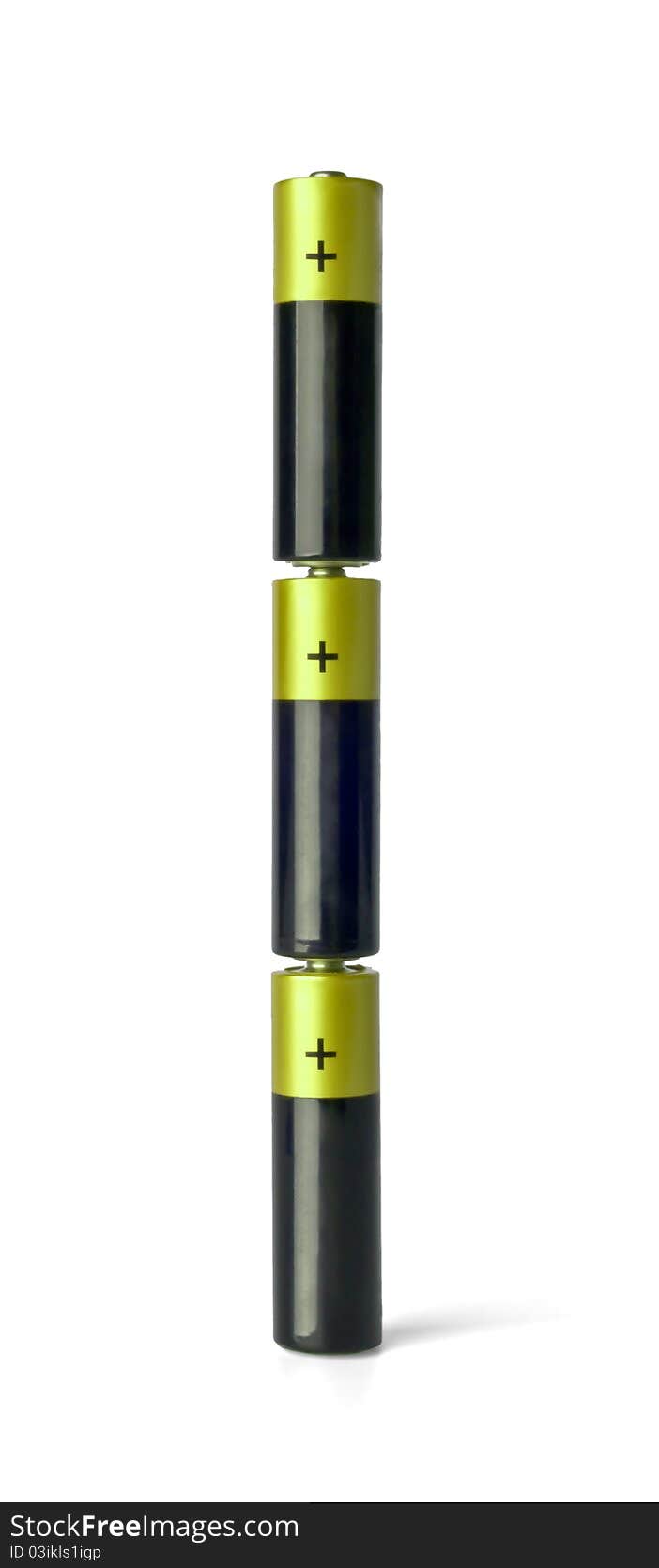 Column of three yellow AA batteries