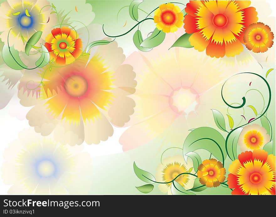 Color background with flowers and leaves and swirl. Color background with flowers and leaves and swirl