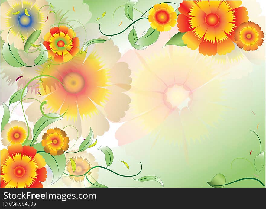 Color background with flowers and leaves and swirl. Color background with flowers and leaves and swirl