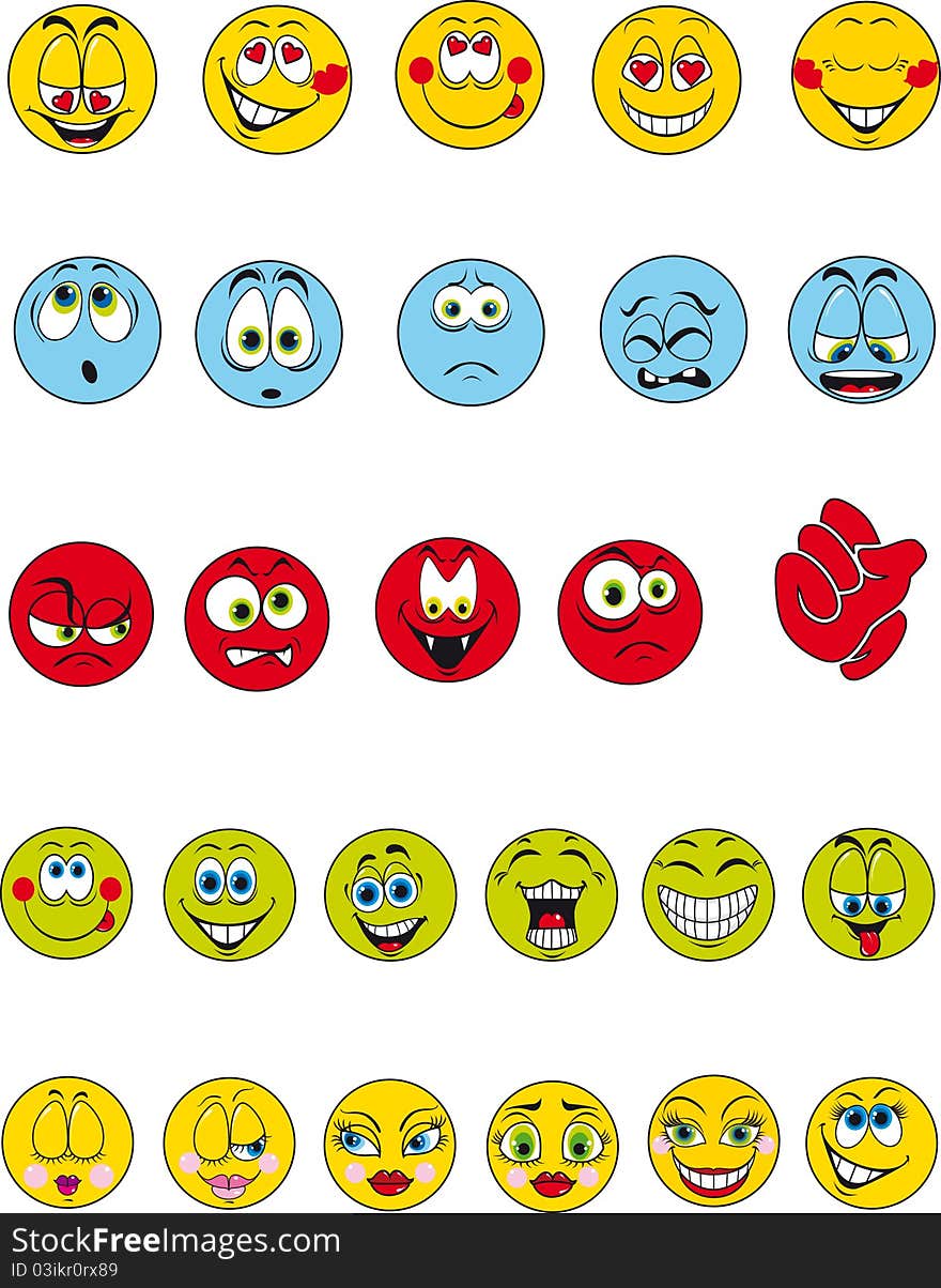 A set of 27 colorful emotional smileys