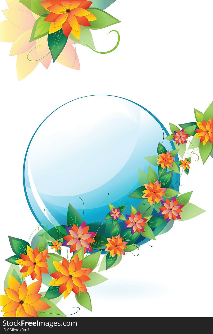 Background with pictures of flowers with the leaves around a blue circle. Background with pictures of flowers with the leaves around a blue circle