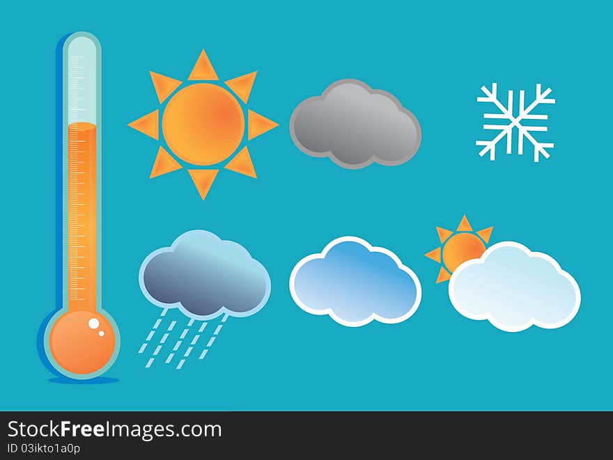 Icon set for symbolic weather conditions which incluce a sun, clouds, snow flake and a thermometer. V8 compatible. Icon set for symbolic weather conditions which incluce a sun, clouds, snow flake and a thermometer. V8 compatible