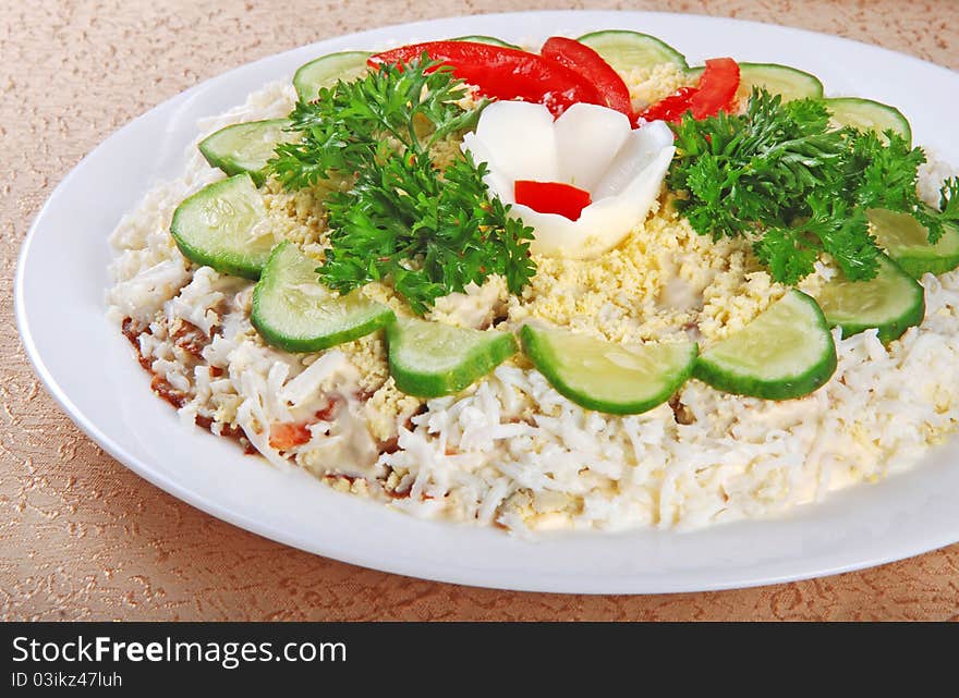 Salad with eggs, tomatoes, cucumbers and parsley on white plate. Salad with eggs, tomatoes, cucumbers and parsley on white plate