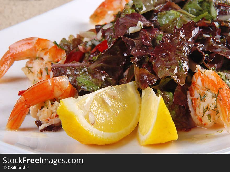 Shrimp salad on white plate. Restaurant. Shrimp salad on white plate. Restaurant