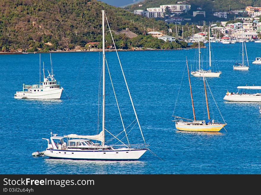 Sailboats anchored in St. Thomas Harbor