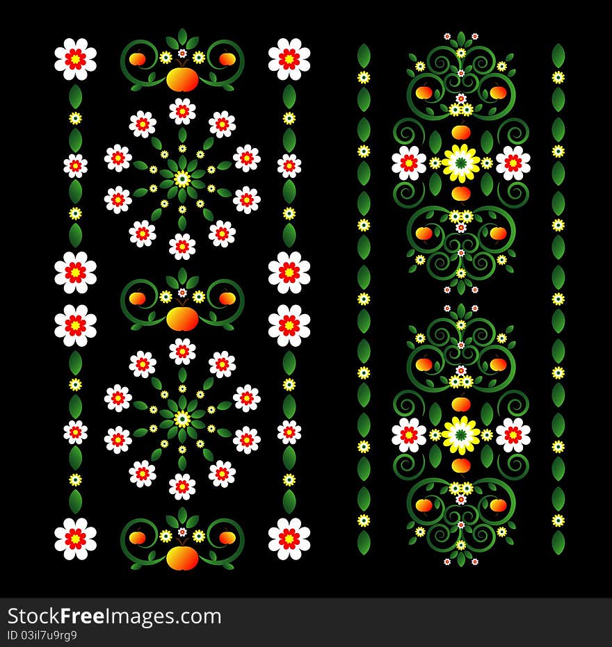 Vertical ornament with flower on black background