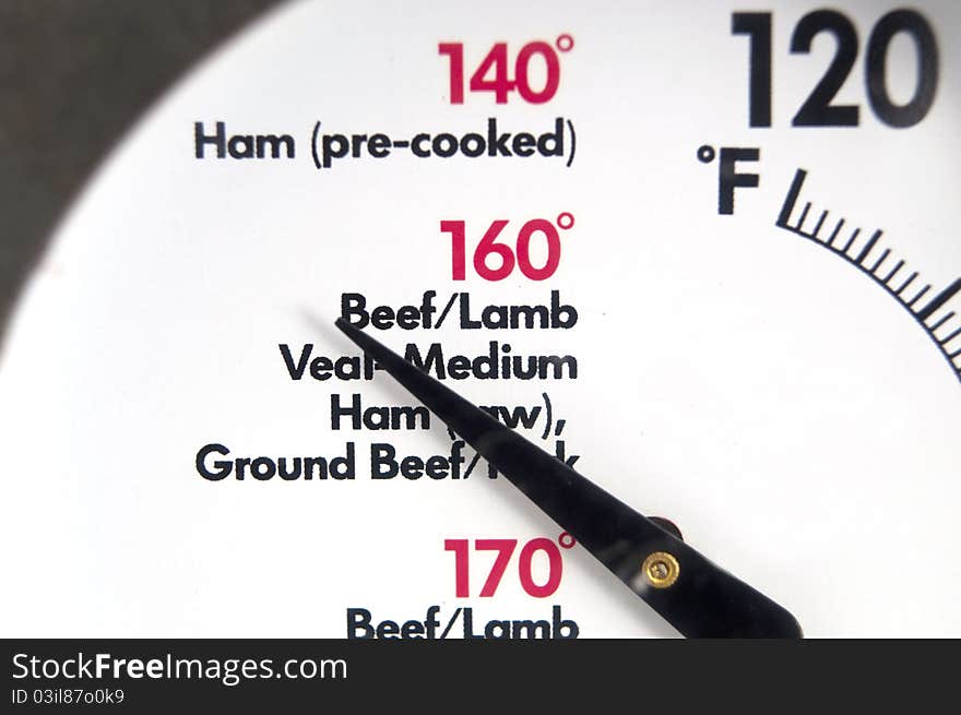 Close up view of a coooking thermometer with various temperatures for different foods. Close up view of a coooking thermometer with various temperatures for different foods.