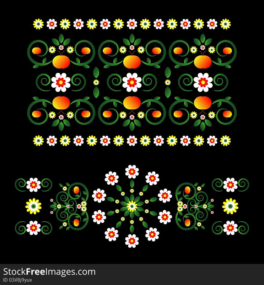 Horizontal ornament with flower on black background